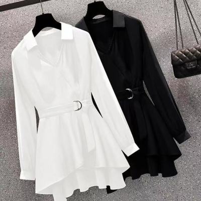 [Spot] Large size womens clothing Western style fitted waist figure flattering shirt womens fat sister slim-fit younger shirt 2023