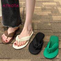 ☎❇ Atikota รองเท้าแตะ พื้นแบน ป้องกันการลื่น สวมใส่สบาย เหมาะกับเดินชายหาดกลางแจ้ง แฟชั่นสําหรับผู้หญิง