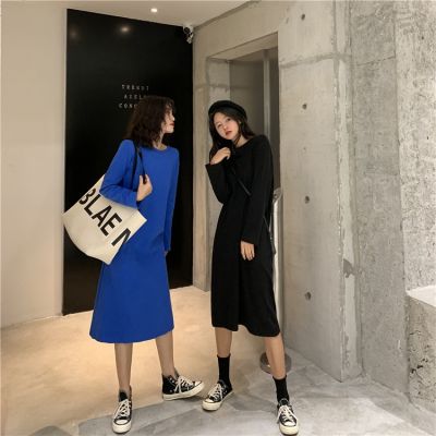 Womens Long Dress Candy Color Dress Medium Length Knee Length Long Sleeve Straight Dress Solid Color Stitching Thin Bottomed T-Shirt Dress