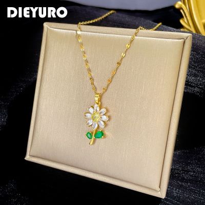 DIEYURO 316L Stainless Steel Full Zirconia Flower Pendant Necklace For Women New Cute Sweet Girls Clavicle Chain Jewelry Gifts Headbands