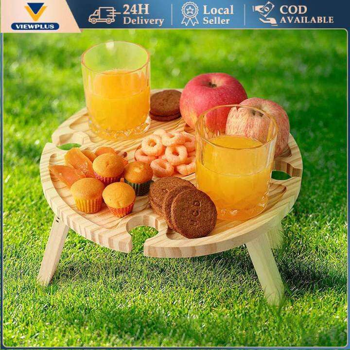 Wooden Outdoor Folding Picnic Table Holder With Wine Glass Rack