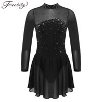 ஐ∈▥ Girls Figure Ice Skating Dress Shiny Rhinestone Ballet Dance Leotard Sheer Mesh Long Sleeves Keyhole Back Roller Skating Dress