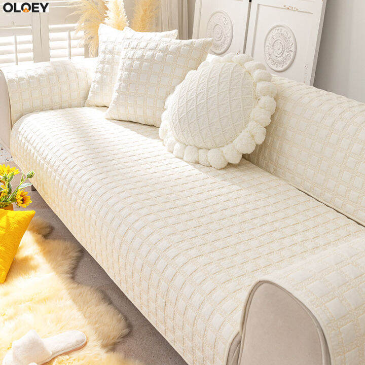 White Cotton Sofa Cover Embroidered Sofa Bed Cushion Antiwrinkle Dust