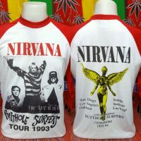 เสื้อวง NIRVANA วงร็อค ไม่มีตะเข็บข้าง คอฟิต ป้ายUSA ผ้า50/50 เสื้อวินเทจ เสื้อทัวร์ แขนสามส่วน