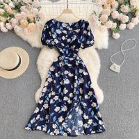 Short Sleeve Floral Chiffon Dress Women Korean High Waist Slit Midi Dresses