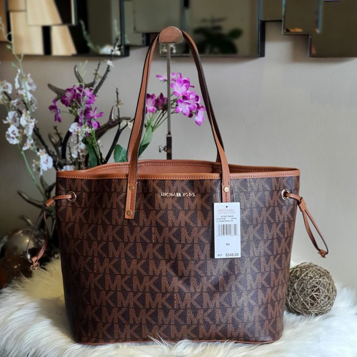 Original Michael Kors Jet Set Travel in Signature Coated Monogram  Drawstring Large Tote Bag with Pouch - Brown