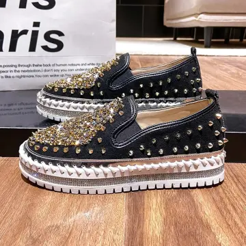 Luxury Brand Black Real Leather Red Bottoms High Tops Rivets Tennis Shoes  For Men's Casual Flats Loafers Women's Spiked Sneakers