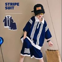 Summer Boys Cotton Loose Striped Half Zip t-Shirt Tops+Shorts Pant Suit School Kids Preppy Clothes Sets Children Outfits 5-16Yrs