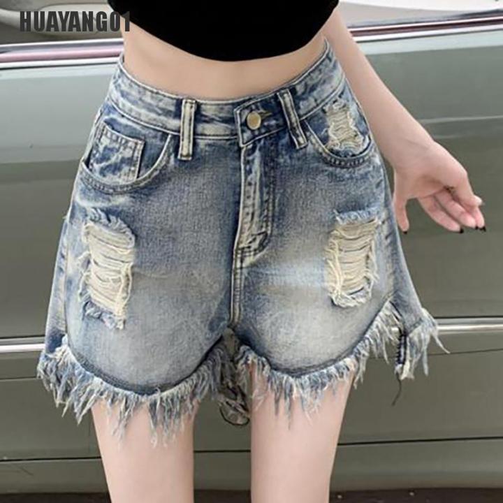 กางเกงยีนส์ขาสั้นกางเกงเอวสูงเซ็กซี่ผ้ายืดสำหรับผู้หญิงกางเกงขาบานผ้ายีนส์สไตล์เกาหลี-huayang01กางเกงขาสั้นสุดฮอตลำลอง