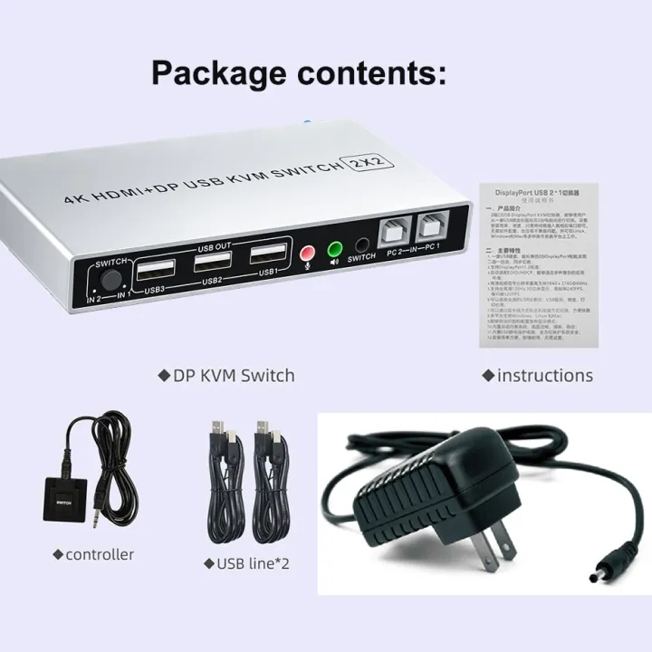 Dual Monitor HDMI Displayport KVM Switch 4K 60Hz 2X2 Mixed Inputs DP