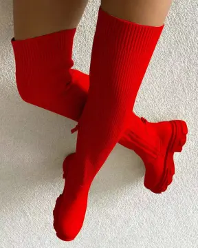 Slim Thigh Socks Boots Stretch Flock Blue Red Black High Heels