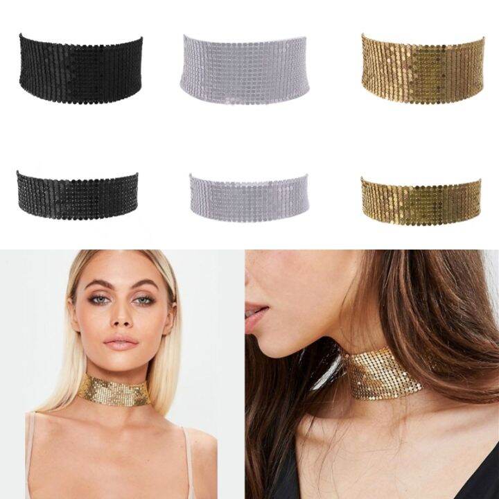 ผู้หญิง-rhinestone-choker-สร้อยคอเงากว้างคริสตัลคอปกโซ่หญิงสาวสีทึบพรรคคลับ-b-ling-คอโซ่ผ้าพันคอ