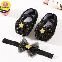 Loveingbaby เด็กสาวสุทธิเส้นด้าย Bowknot Star รองเท้าเจ้าหญิงพื้นรองเท้านุ่มสำหรับหัดเดินรองเท้าใส่เดินเซ็ตที่คาดผม