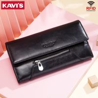 KAVIS Genuine Leather Wallet with Zip Coin Purse Female Fashion Long Clutch Money Bag RFID Protection Card Holder Phone Pocket Card Holders