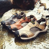 [First layer cowhide] Men’s sandals~Outdoor casual Baotou sandals, men’s breathable leather summer sandals, men’s hole shoes, men