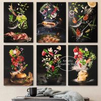 Meat and Ingredients Wall Poster Canvas Paintings Pasta Noodles Flying Food Picture Restaurant