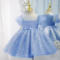 Cute Girl Fluffy Princess Dress Flower Girls Sequined Dresses For Wedding 1-5T Kids Birthday Party Puff Sleeve Tulle Gown