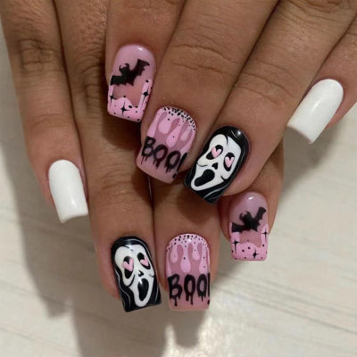 Halloween Press on Nails Fake Nails Short Square False Nails Full Cover Artificial Nail Tips for Women and Girls 24Pcs