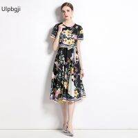 Spring and Summer New round Neck Short Sleeve Dress Black Sweet Style Pullover Plant Flower Printed Midi Skirt Women