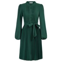 ZZOOI Liumilac Women Long Lantern Sleeve Pleated Shirt Dress Solid Formal Cocktail Party Midi Dress With Belt Office Lady Workwear A30