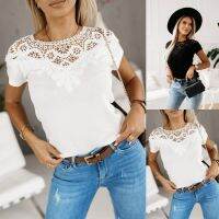 [COD] 2023 Europe and the States new ladies solid round neck lace stitching short-sleeved top T-shirt