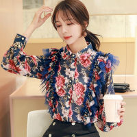 Blusas Mujer De Moda 2021 Autumn Women Ruffles Pink Print Chiffon Blouse Shirt Tops Long Sleeve Blouse Woman Clothes Shirt Femme