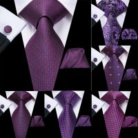 Hi Tie Gift Men Tie Purple Solid Paisley Novelty Design Silk Wedding Tie for Men Handky cufflinks Tie Set Party Business Fashion