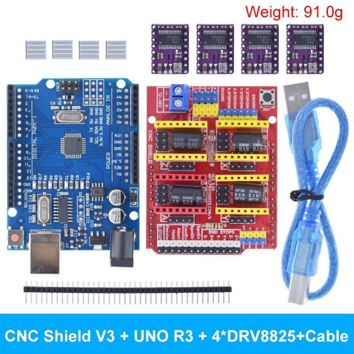 TZT CNC Shield เครื่องแกะสลัก V3 3D Printe + 4Pcs DRV8825หรือ A4988 Driver Expansion Board สำหรับ Arduino + UNO R3พร้อมสาย USB