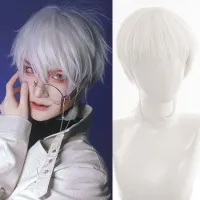 Ailiade White Silver Wig 12" Short Straight Bangs Synthetic Wigs For Male Men Women Fake Hair For Cosplay Anime Party Daily Wigs