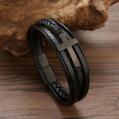 High Quality Cross Stainless Steel Leather Bracelet Charm Magnetic Men Bracelet Genuine Braided Punk Rock Bangles Jewelry Gift