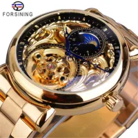 ---Fashion mens watch238814☾❄ Forsining mens fashion leisure carve patterns or designs on woodwork hollow out the moon steel belt mechanical automatic watch mens watch