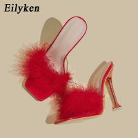 Eilyken รองเท้าแตะ Sepatu PVC ใหม่2023สำหรับผู้หญิงขนส้นสูงโปร่งแสงขนสัตว์รองเท้าส้นเตี้ยนิ้วเท้าเหลี่ยมรองเท้าแตะผู้หญิง