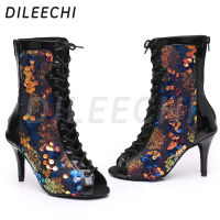 DILEECHI รองเท้าเต้นรำละตินสีดำ Pu สีสัน Sequins งานแต่งงานห้องบอลรูมเต้นรำรองเท้า8.5ซม. ส้นบางนุ่ม Outsole