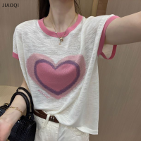 JIAOQI เสื้อยืดคอกลมแขนสั้นพิมพ์ลาย Love สำหรับผู้หญิง, เสื้อยืดทรงหลวมลำลองคอกลมสีตัดกันสำหรับฤดูร้อน