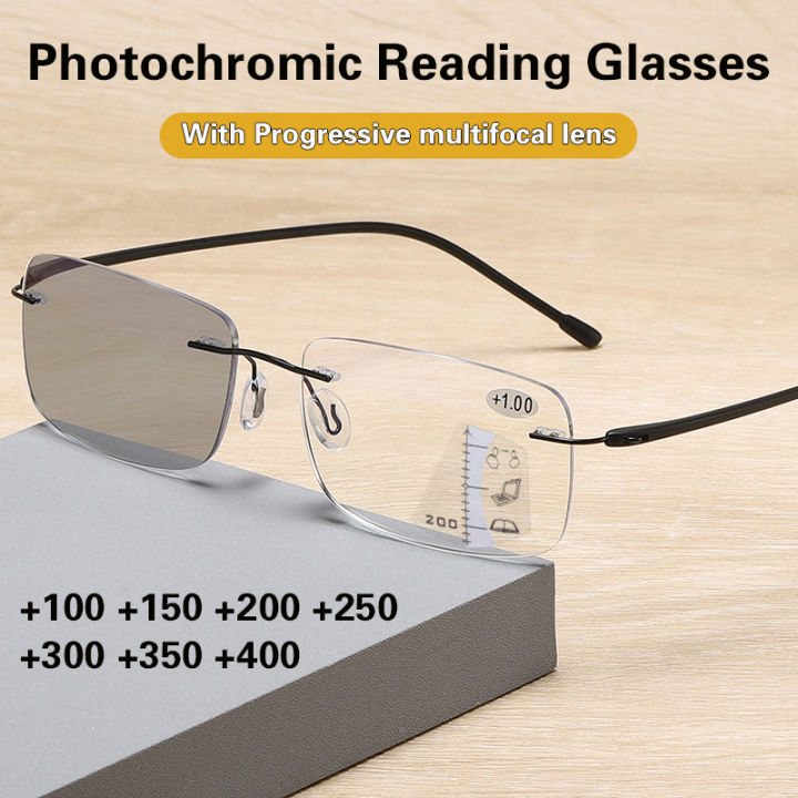 At5 4 In 1 Photochromic Reading Glasses For Men Anti Blue Light Frameless Glasses Progressive