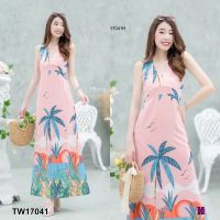 Maxi dress คอวีลายต้นมะพร้าว