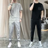 【hot seller】 2022 New Mens Fashion Silk Handsome Korean Loose Trousers Short Sleeve Two-piece Set