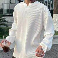 White V-Neck Pleated Stripe T-Shirt For Men Large Size Silky Soft Long Sleeved T-Shirt Summer Loose No Ironing Bottomed Shirt ADF-076