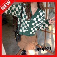 qkq971 V-Neck Checkerboard Sweater Jacket Women Spring And Autumn Loose Short Long-Sleeved Cardigan Sweater Top