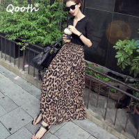 Qooth Summer Autumn Women Long Leopard Skirt Elastic Waist Chiffon Pleated Skirts Casual Maxi Beach Printed Skirt DF650