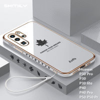 Shmily ใบเมเปิลชุบโลหะด้วยไฟฟ้าแฟชั่นยอดนิยมเคสโทรศัพท์สำหรับ Huawei P30 Pro P30 P30 4E Nova Lite P40 P40 Pro P50 P50 Pro เคสกันกระแทก TPU นิ่มชุบโครเมียมสี่เหลี่ยมหรูหราพร้อมเชือกห้อย