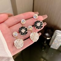 Korean Fashion White Black Flower Earrings Women Pearl Zircon Simple Romantic Earring Party Silver Color Jewelry Gift