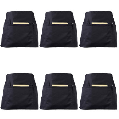 6 Pack Black Waist Aprons with 3 Pockets - Half Aprons for Waitress Waiter 24 x 12 Inch Server Aprons for Holding Server Book Guest Check Card Holder