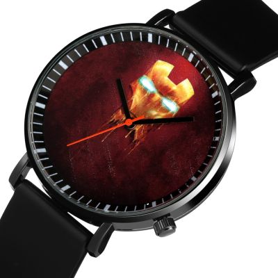นาฬิกาการ์ตูนซูเปอร์ฮีโร่ไอรอนแมนของมาร์เวลสำหรับผู้ชาย,นาฬิกาสายรัดควอตซ์อนาล็อคสีดำคอสเพลย์การ์ตูนอะนิเมะ