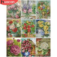 【CC】 HUACAN Kits Canvas Cross-Stitch Flowers 11CT 14CT Embroidery Needlework Sets Decoration