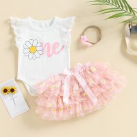 (TER)Toddler Infant Baby Girls Summer Clothes Set Floral Print Fly Sleeve Rompers and Casual Layered Mesh Tulle Skirt Headband