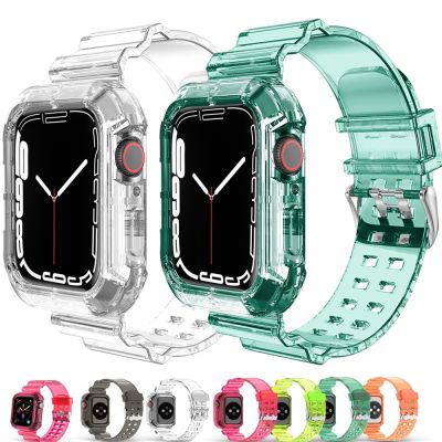 เคส + สายสำหรับสายคาด Apple Watch 49มม. 44มม. 40มม. 45มม. 41มม. 42มม. 38มม. อุปกรณ์เสริมสร้อยข้อมือซิลิโคนใส I Watch Series 8 3 6 Se 7 Ultra