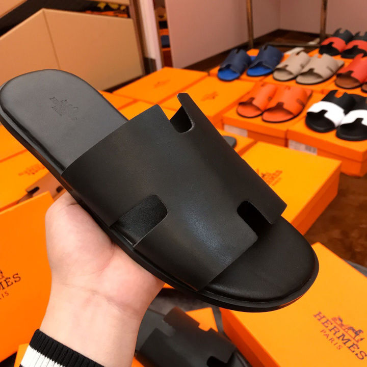 with-box-plain-black-slides-summer-sandals-mens-all-match-breathable-casual-slides-outdoor-wear-cowhide-leather-mens-slippers