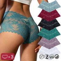 【LZ】♛✁  Calcinha sexy de renda para mulheres perspectiva floral intimidade de cor sólida boyshort lingerie macia respirável feminina de cintura V 3 peças