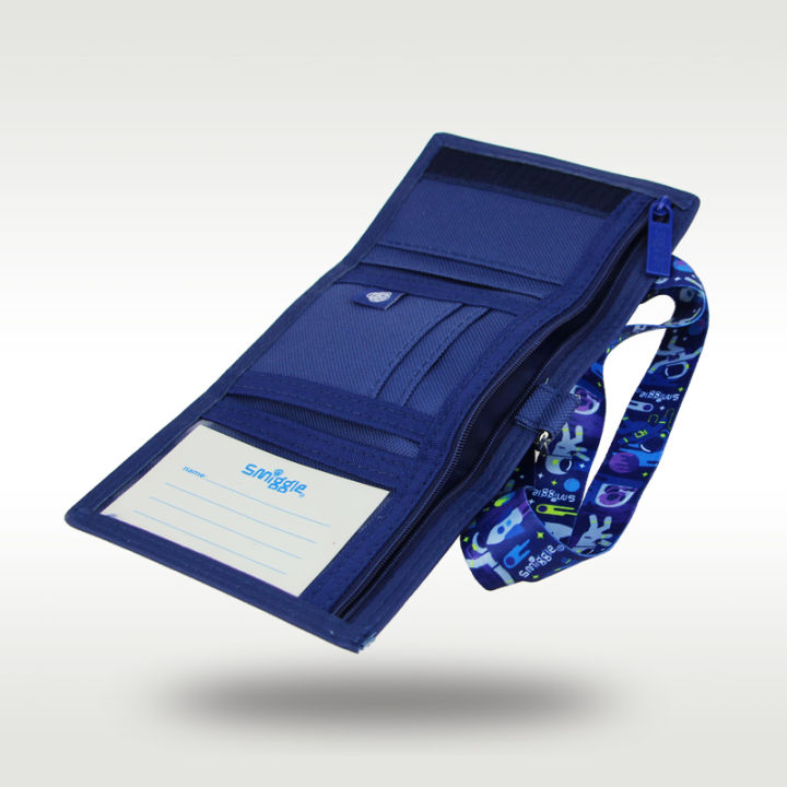 austria-smiggle-กระเป๋าตังค์สำหรับเด็กของแท้3กระเป๋าสตางค์หนังสีน้ำเงินเข้ม-สายคล้องผู้ชายกระเป๋าใส่หรียญน่ารักอวกาศเคสใส่การ์ด5นิ้ว